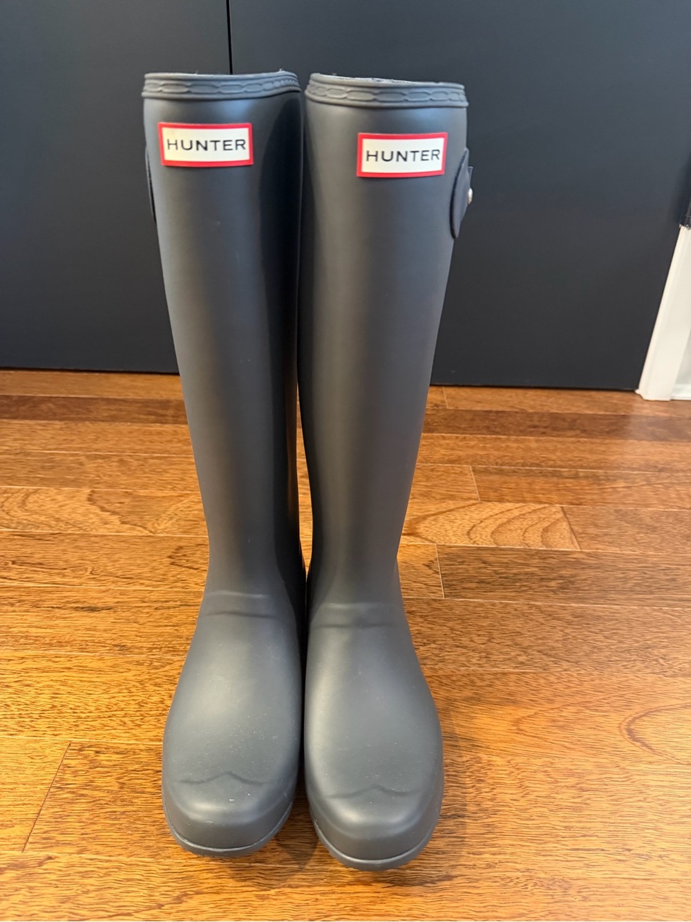 Hunter Tall Grey Rain Boots with Red Logo Patch